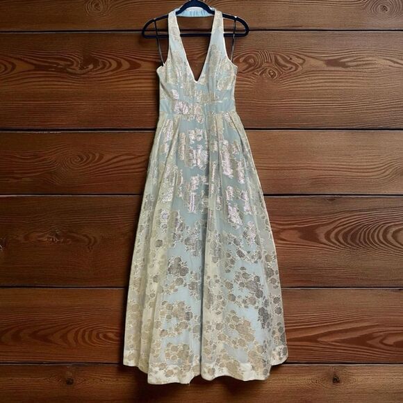 Windsor Cinderella Blue & Metallic Sliver Floral Ballgown Halter Dress Size 11 - Picture 1 of 16